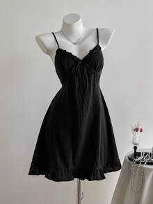 Comfortcana 女式休闲黑色细肩带迷你连衣裙，夏季 - 黑色 - 查看 1