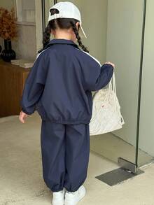 SHEIN Young Girls Casual Outfit - Stand Collar Front Button Raglan Sleeve Jacket And Elastic Cuff Pants Set Fall Winter - Blue - View 2