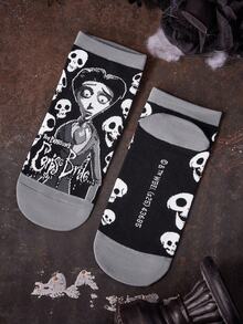 Corpse Bride X SHEIN 2 双情侣柔软透气吸湿排汗休闲短袜时尚黑白短袜加固脚趾和脚跟，经久耐用男女通用四季百搭夏冬万圣节 - 彩色 - 查看 8