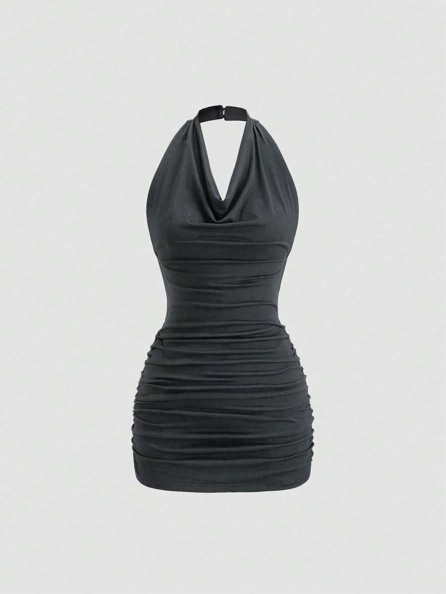 Sweetra Đầm ôm sát cơ thể gợi cảm hở lưng cổ khoét sâu màu đen không tay buộc dây - Màu xám đen - Xem 1