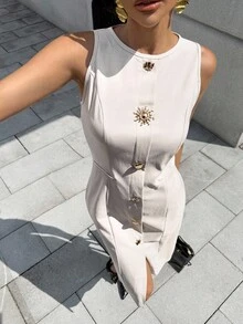 Pariaura Summer Fashion Metal Button Decor Sleeveless Dress, Suitable For Commuting