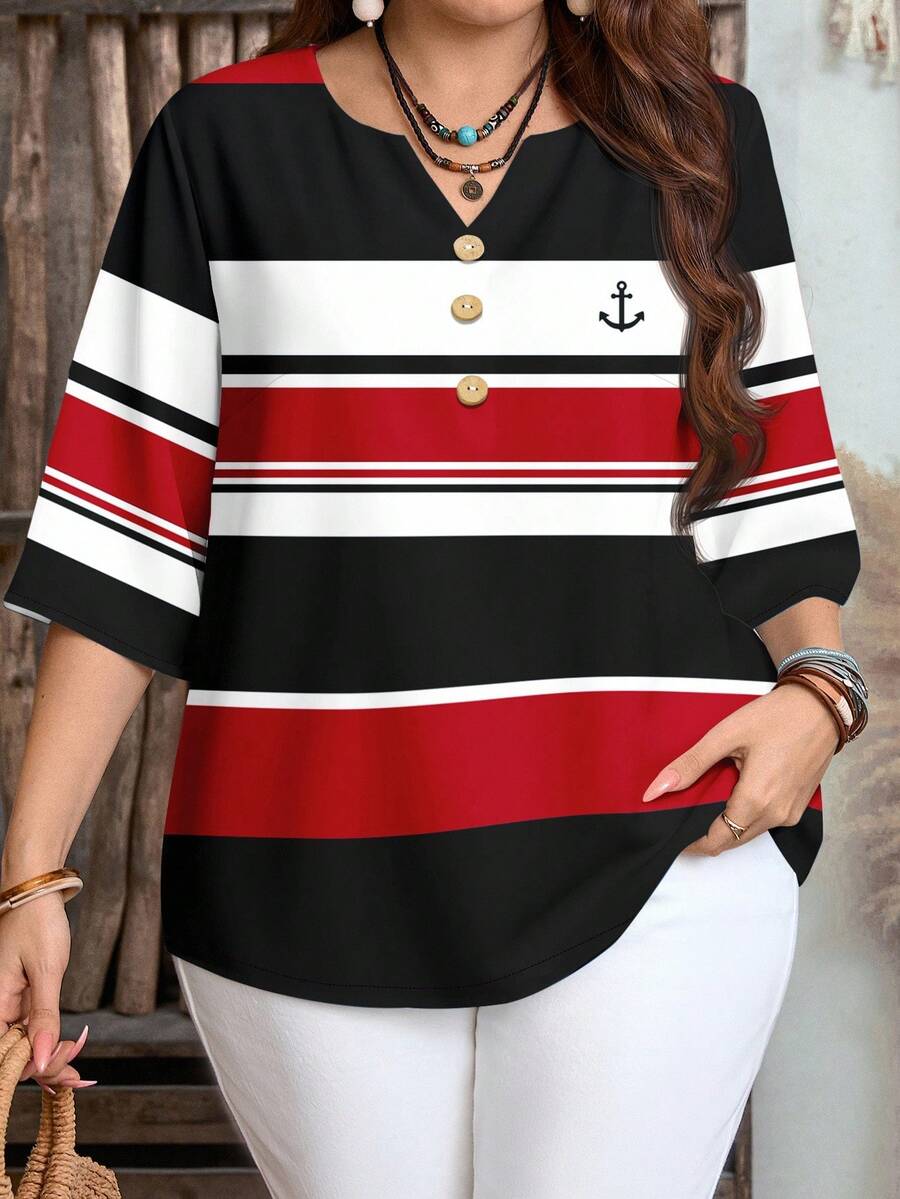EMERY ROSE Plus Size Casual Striped Colorblock Black, White, Red Shirt, Suitable For Summer - Multicolor - View 1
