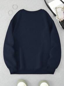 INAWLY Halloween Ghost & Iced Coffee Embroidery Pattern Women Crew Neck Sweatshirt - Navy Blue - View 2