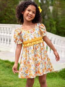 Joliand Joliand فستان أنيق ذو أكمام منفوخة بطراز زهري وفيونكة كبيرة للفتيات الصغيرات، مناسب للتجمعات، والخروجات، والزفاف، والحفلات، الصيف - متعدد الألوان - مشاهدة 2