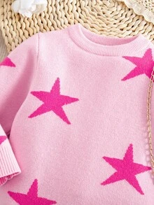 SHEIN Baby Girls Casual Long Sleeve Crew Neck Sweater Dresses,In Fall/Winter - Pink - View 3