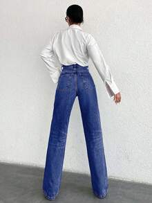 SHEIN Tall 高腰休闲直筒牛仔裤 - 深色水洗藍 - 查看 2