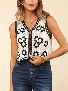 Coeurva Floral Pattern Pointelle Knit Sweater Vest - Black - View 5