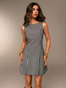 Avantive 夏季新款女士无袖露背A字粉色条纹迷你连衣裙 - 灰色 - 查看 3