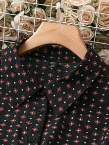 SHEIN Clasi 大码休闲通勤全印花灯笼袖衬衫 - 黑色 - 查看 4