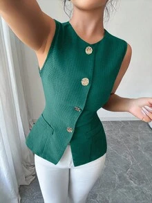 Selianne Fashionable Sleeveless Waist Cinched Black Jacket With Gold Button Decor, Versatile For Daily Wear, Spring/Summer - Dark Green - View 6