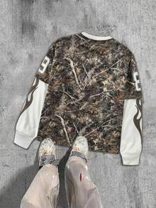SHEIN 青少年男孩/青少年男孩休闲日常舒适数字和字母印花拼布袖圆领针织运动衫秋冬装女孩 - 彩色 - 查看 3