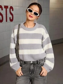 Sparklyn 少女时尚休闲百搭黑白条纹毛衣，少女毛衣，少女上衣，少女长袖毛衣，秋冬季 - 灰色 - 查看 1