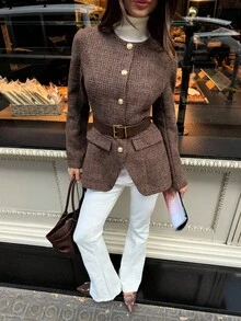 Aloruh Women's Fall/Winter Elegant Round Neck Fitted Plaid Tweed Blazer With Belt, Autumn/Winter,Winter Jacket Women,Winter Coat For Women,Business Casual Woman,Brown Blazer,Cozy Fall And Winter Clothes For Women - Khaki - View 6