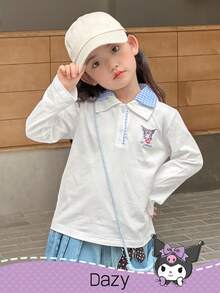 DAZY HELLO KITTY AND FRIENDS | SHEIN 少女卡通刺绣针织翻领长袖T恤，秋季 - 藍白色 - 查看 4