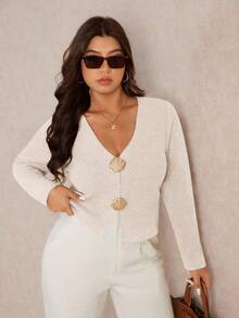 Elaquor Plus Size Women Casual Basic Versatile Urban Chic Metal Buckle Decor Elastic Ribbed V-Neck Solid Color Long Sleeve T-Shirt, Autumn - Apricot - View 3