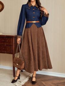 Vintamour 2件秋冬牛仔上衣和复古法式天鹅绒连衣裙套装 - 深色水洗藍 - 查看 1