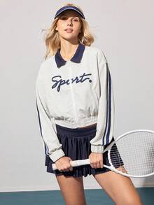 CourtClass 字母印花口袋拉链休闲长袖运动夹克 - 灰色 - 查看 5