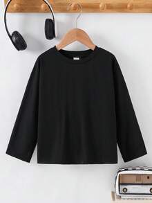 男童休闲舒适黑色字母印花T恤，适合万圣节装扮、长袖上衣、秋季/秋季、学校、花园、生日、秋冬季节穿着。 - 黑色 - 查看 3