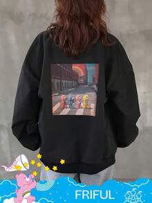 FRIFUL SHEIN X Care Bears 女士休闲时尚街头卡通熊印花落肩宽松夹克 - 黑色 - 查看 5
