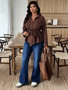 Weeklong Camisa casual de mujer de talla grande de unicolor, de manga larga, de una sola hilera de botones y con bolsillo - Café integral - Ver 3