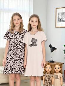2pcs Tween Girl Round Neck Short Sleeve Leopard Print Nightgown Loungewear