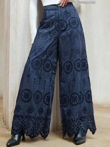 Aveloria Modichic Pantalon blanc ample à taille haute et brodé pour femmes, été - Bleu marine - Voir 5