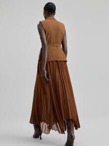 Ontre 2025 Elegant Green Dress, Suit Fabric Patchwork Chiffon, Fitted Waist, Flared Skirt, Chiffon Pleats, Sleeveless Blazer, Business Casual, Office Wear, Daily Outfit, Autumn