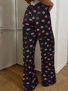 SHEIN EZwear Quần dài buộc dây họa tiết môi lãng mạn cỡ lớn phong cách tối giản, thường ngày, xuân/hè - màu đen - Xem 2