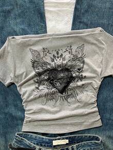 Attitoon 复古休闲心形线条素描设计露肩褶皱腰身紧身灰色短袖 T 恤，夏季舒适 - 淺灰色 - 查看 3