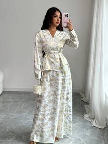 SHEIN Raffinéa Bộ áo và chân váy buộc nơ bất đối xứng họa tiết hoa - trắng - Xem 6