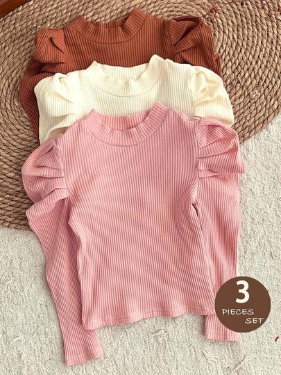 LMoss Kids LMoss 3 Pieces Set Young Girl Knitted Stand Collar Casual T-Shirt Girls Ribbed Shirts Girls Puff Sleeve Tops Girls Solid Tops Kids Basic Tops Girls Long Sleeve Shirts Girls Basic Tops Kid Girl Solid Color Shirts Toddler Girls Tops Basic Kids Tops Girls Shirts With Puffy Sleeves, Kids Ribbed Tops,,Winter Clothes,Herbst,Long Sleeve Tops,Fall Tops,Fall Clothes For Kids,
