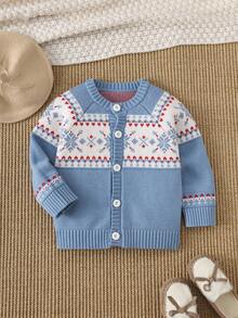 PrepCrw 1 件婴儿男孩/女孩优雅城市可爱费尔岛图案开衫毛衣，适合日常休闲、外出、聚会、秋冬季 - 彩色 - 查看 2
