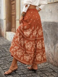 Brillora Chân váy xếp ly họa tiết hoa dành cho nữ, thích hợp cho kỳ nghỉ mùa thu - Rỉ Nâu - Xem 3