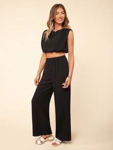 Coeurva Women Solid Color Sleeveless Top And Long Pants 2-Piece Set For Vacation - Black - View 3