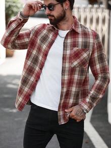 Manfinity Homme 男士休闲日常格子大衣，秋冬 - 紅色 - 查看 5