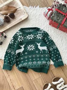 SHEIN 4pcs Young Boy Green Deer Intarsia Christmas Pattern Thick Loose Pullover Sweater, Suitable For Christmas Family Matching Outfits Mommy And Me (Sold Separately) Autumn Winter Clothes FGirlmen - Green - View 7