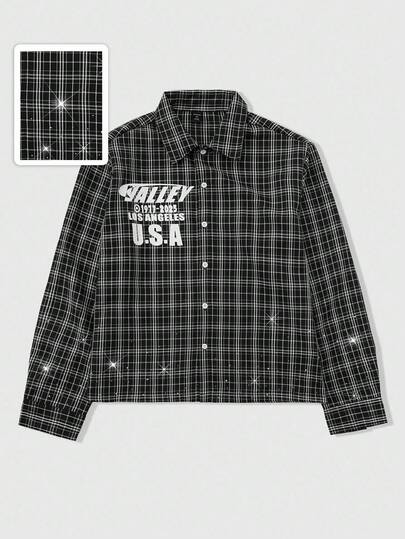 Grunge Punk Men's Letter Print Long Sleeve Casual Short Plaid Rhinestone Embellished Shirt, For Fall