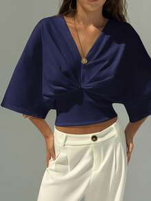 Aloruh 全新简约 V 领落肩褶饰腰纯色套头 T 恤，通勤百搭 - 藏蓝色 - 查看 5