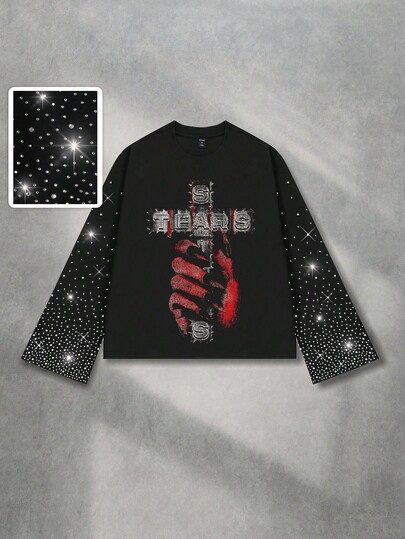 Street Life Men's Glitter Diamond Gothic Print Long Sleeve T-Shirt, Loose Cropped Fit, For Fall