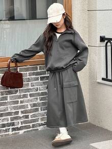 Dazy Kids 2 pezzi/Set Outfit autunnale per ragazze, Abito felpa cargo casual, Moda coreana 2 in 1 Top e Gonna lunga