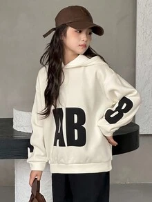 DAZY 少女连帽抓绒印花卫衣，秋冬季 - 米色 - 查看 3