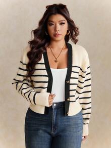Elaquor Plus Size Women Casual Loose Contrast Striped Long Sleeve Cardigan In Fall/Winter - Black - View 4