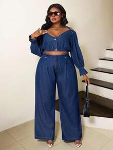Slaydiva Plus Size Women's Casual City Office Jeans Pants  Autumn Loose Wide-Leg Jeans - Dark Wash - View 5