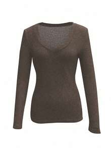 INAWLY Women's Basic V-Neck Slim Fit Long Sleeve T-Shirt, Casual Everyday Wear - Khaki - View 3