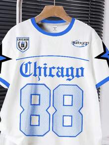 SHEIN 2pcs Tween Boy Casual Classic Cool Baseball Sports Style, Number 88, Gothic Chicago Text, Star Print Short Sleeve Crew Neck T-Shirt And Shorts Set, Suitable For Summer