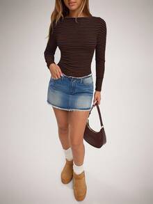 SHEIN Forever 21 Áo thun nữ cổ thuyền tay dài họa tiết sọc raglan - màu nâu - Xem 4