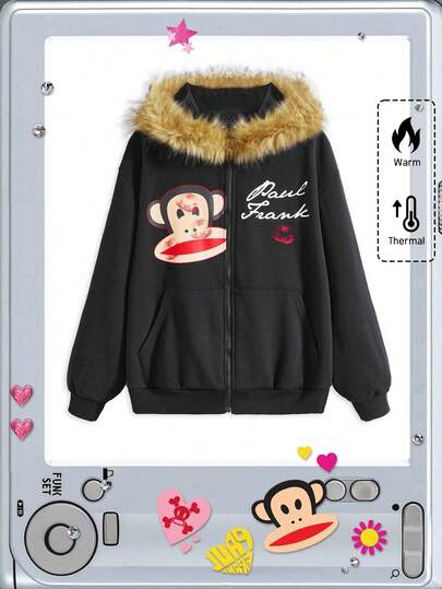 Paul Frank X ROMWE Plus Size Kpop Y2K Baddie Letter & Cartoon Graphic Contrast Fuzzy Trim Hooded Sweatshirt