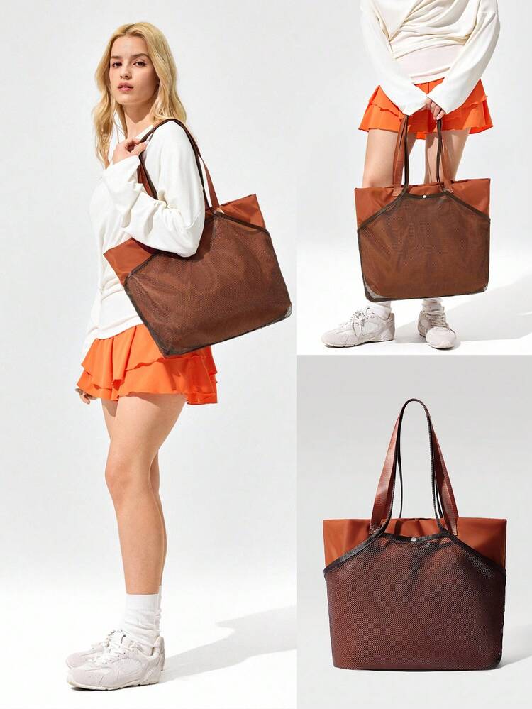17L 3-In-1 Tote Bag Exterior Fishnet Compartment Interior Nylon With Zippered Pocket Daily Casual Workout