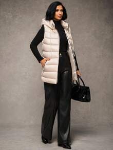 RueChic Women Solid Color Zippered Collar Hooded Vest, Winter Jacket - Apricot - View 3