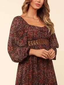 Coeurva Paisley Print Sweetheart Neck Lantern Sleeve Ruffle Hem Dress - Brown - View 3